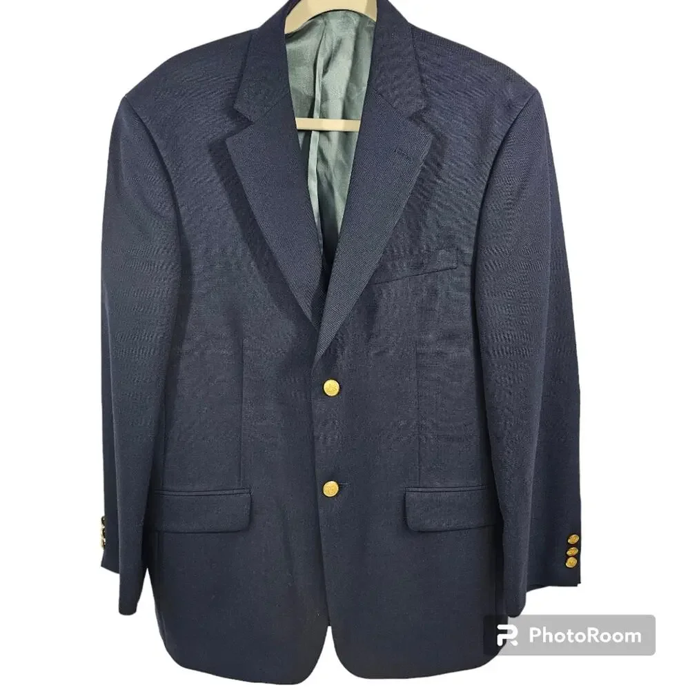 Stafford Polyester & Wool Blend Gold Buttons Navy Blazer Jacket 40R